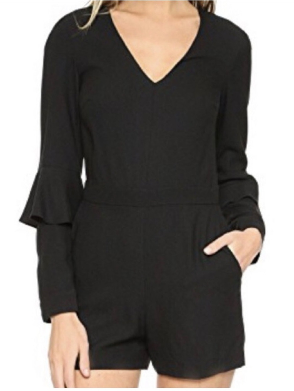 Club Monaco Bodena Black Crepe Romper V-Neck Bell Sleeve Size